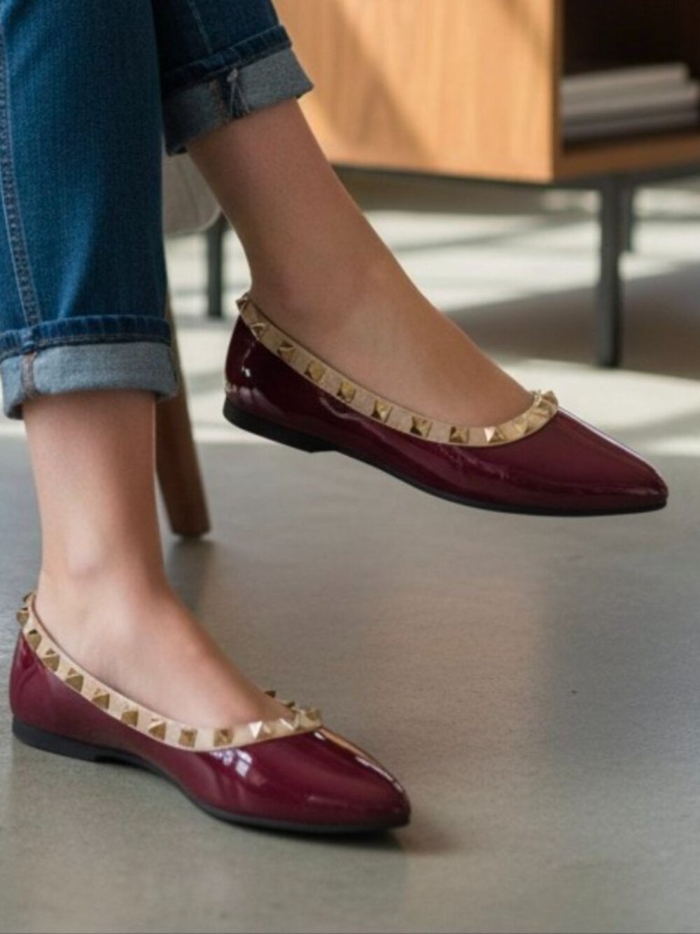 Studded Burgundy Patent Leather Flats With Pointed Toe & Quilted Insole
